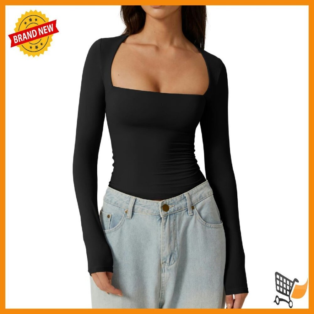 Women's Long Sleeve Square Neck Fitted Tee Double Lined Soft Stretchy